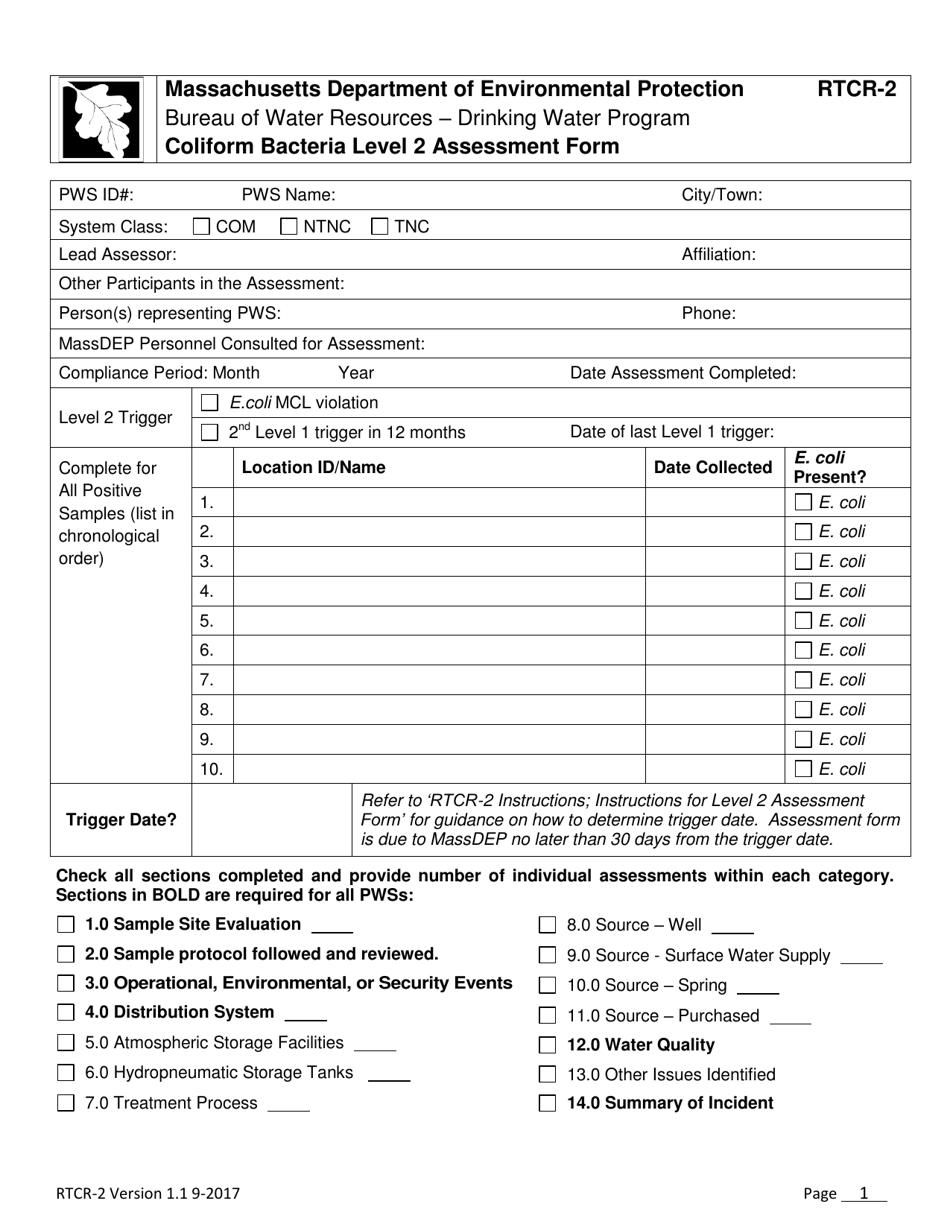 Form RTCR-2 Coliform Bacteria Level 2 Assessment Form - Massachusetts, Page 1