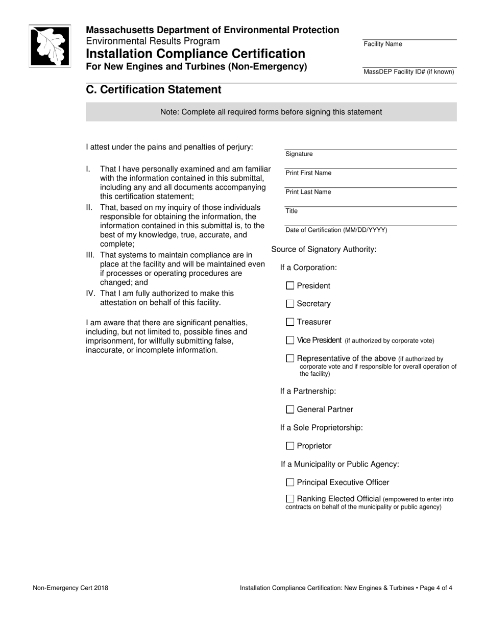 Installation Compliance Certification for New Engines and Turbines (Non-emergency) - Massachusetts, Page 4