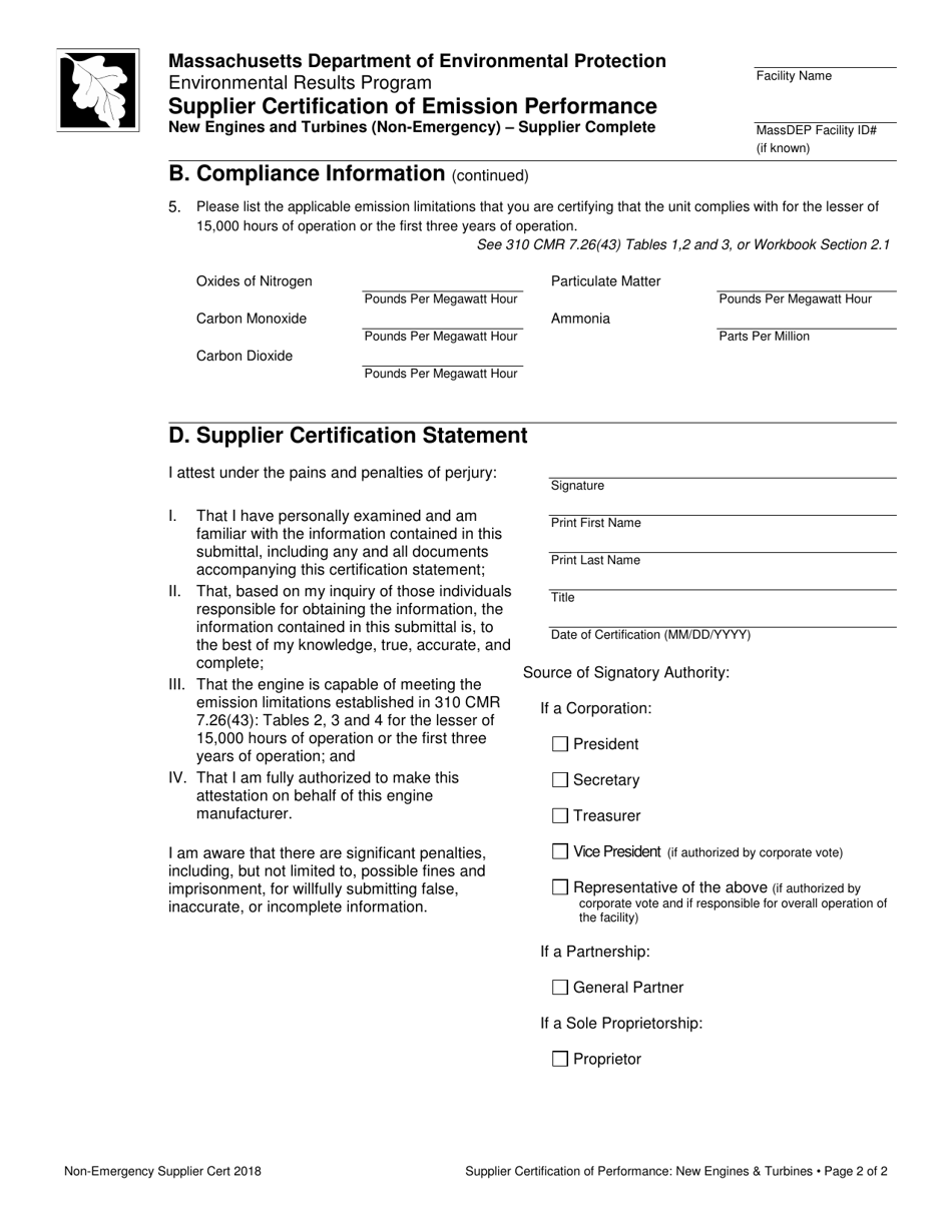 Supplier Certification of Emission Performance New Engines and Turbines (Non-emergency)  Supplier Complete - Massachusetts, Page 2