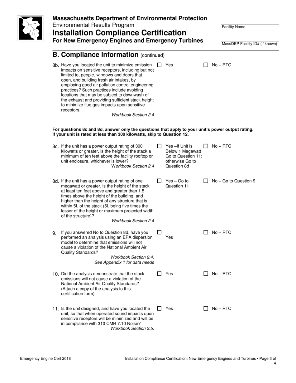 Installation Compliance Certification for New Emergency Engines and Emergency Turbines - Massachusetts, Page 3