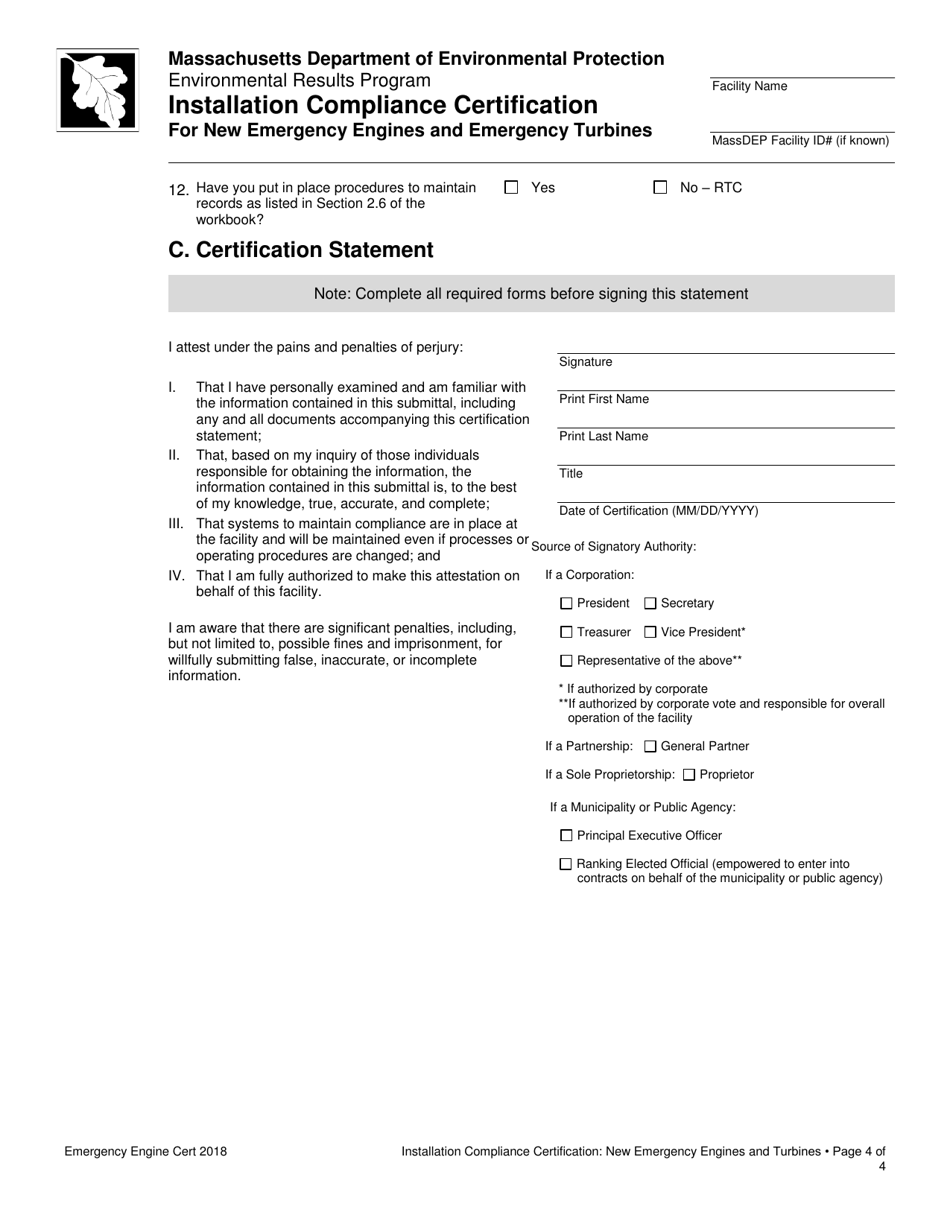 Installation Compliance Certification for New Emergency Engines and Emergency Turbines - Massachusetts, Page 4