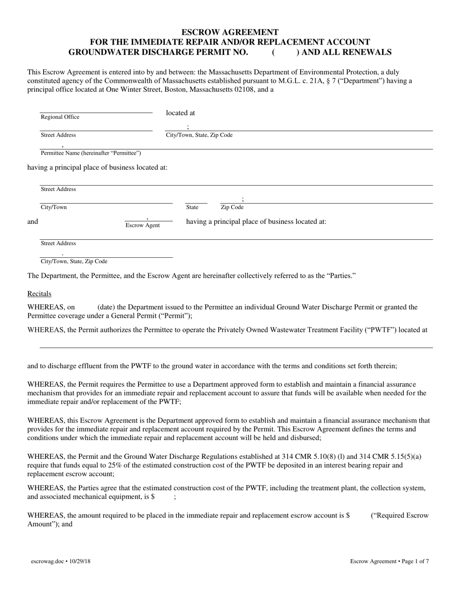 Massachusetts Escrow Agreement for the Immediate Repair and/or