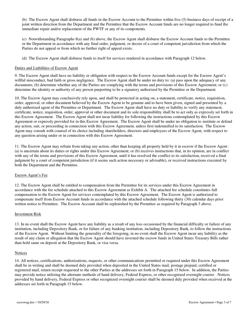 Escrow Agreement for the Immediate Repair and / or Replacement Account Groundwater Discharge Permit and All Renewals - Massachusetts, Page 3