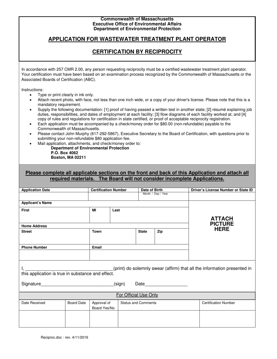 Application for Wastewater Treatment Plant Operator Certification by Reciprocity - Massachusetts, Page 1