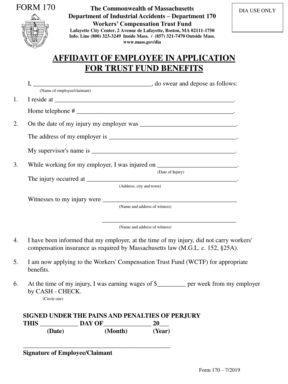 Form 170 Affidavit of Employee in Application for Trust Fund Benefits - Massachusetts, Page 1