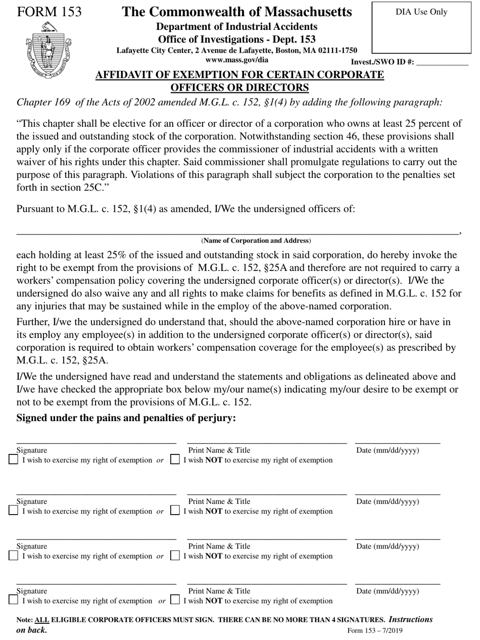 Form 153 Affidavit of Exemption for Certain Corporate Officers or Directors - Massachusetts, Page 1