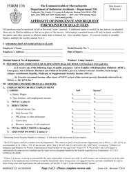 Form 136 &quot;Affidavit of Indigence and Request for Waiver of 11a(2) Fees&quot; - Massachusetts