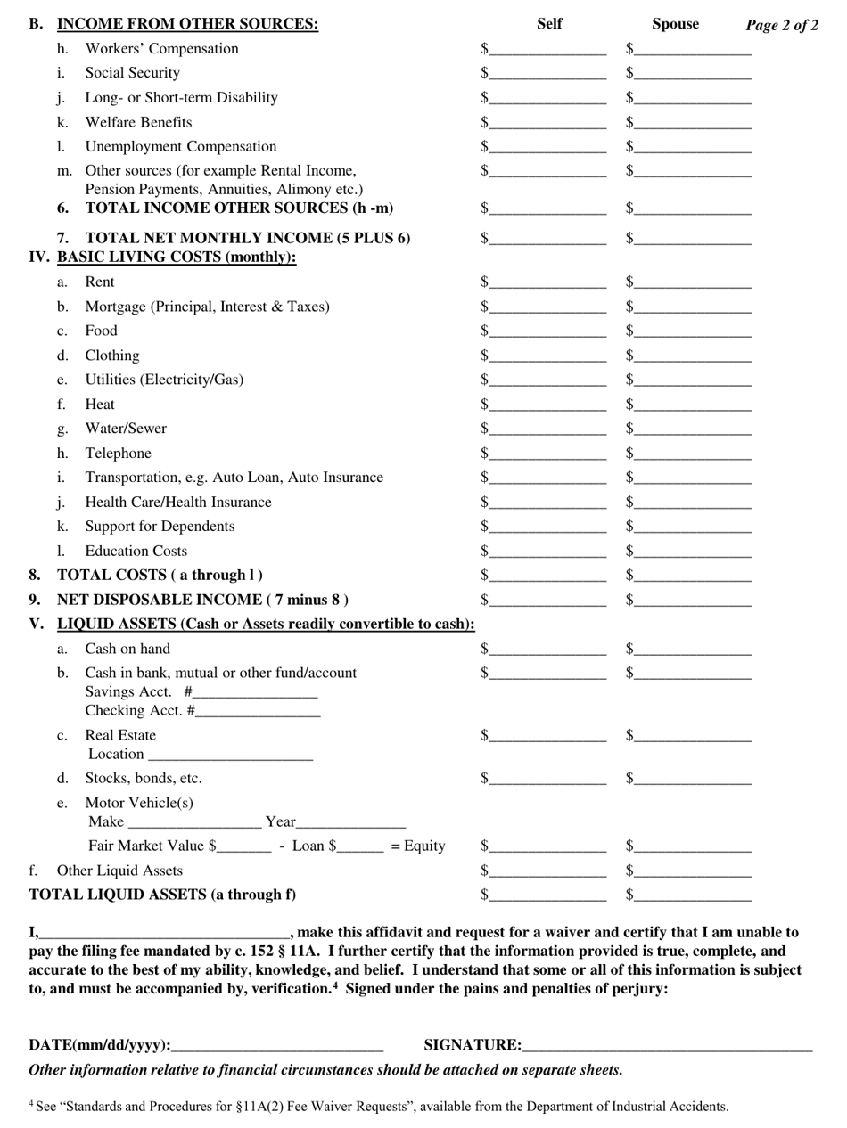 Form 136 Affidavit of Indigence and Request for Waiver of 11a(2) Fees - Massachusetts, Page 2