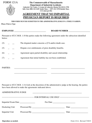 Document preview: Form 121A Agreement That No Impartial Physician Report Is Required - Massachusetts