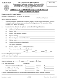 Document preview: Form 112A Affidavit in Support of Request for Waiver of Filing Fee Under 11c - Massachusetts