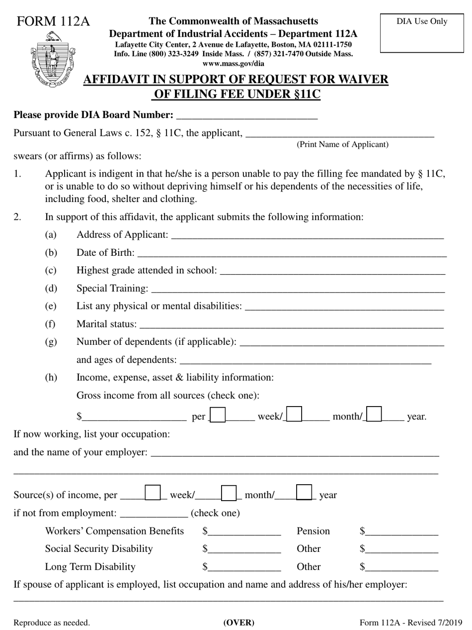 Form 112A Affidavit in Support of Request for Waiver of Filing Fee Under 11c - Massachusetts, Page 1