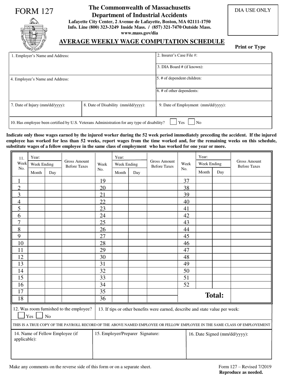 Form 127 Download Fillable PDF or Fill Online Average Weekly Wage Sns-Brigh10