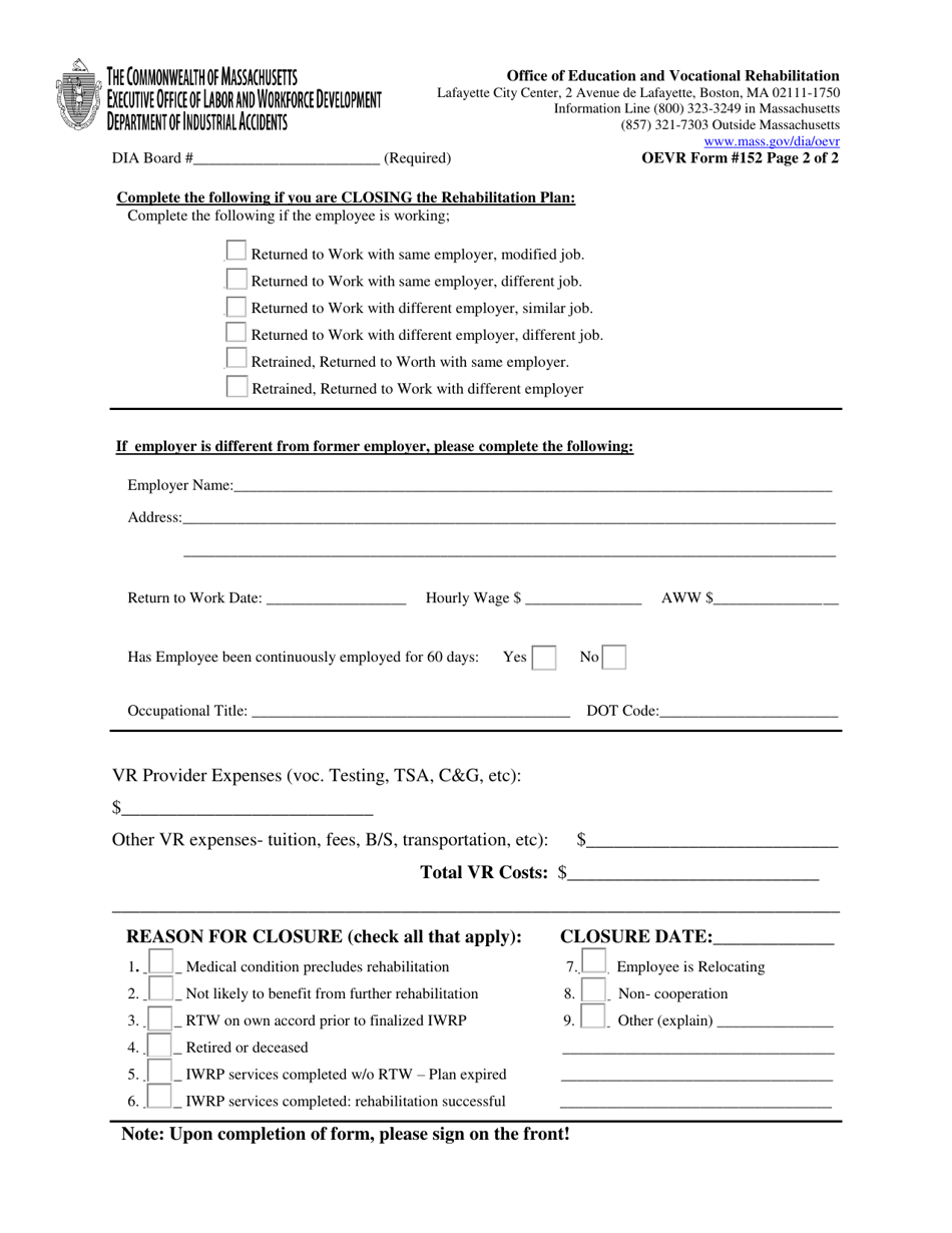 Form 152 Amendment, Suspension, or Closure of Vocational Rehabilitation Plan - Massachusetts, Page 2