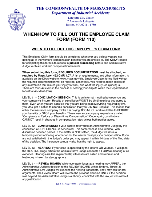 Instructions for Form 110 Employee Claim - Massachusetts