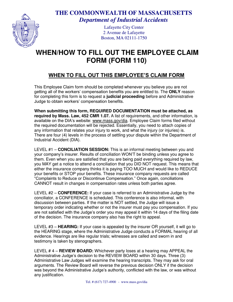 Instructions for Form 110 Employee Claim - Massachusetts, Page 1