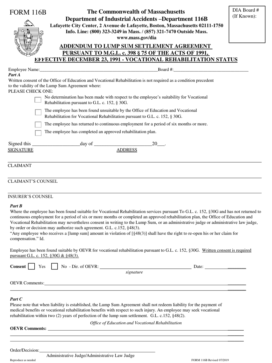 Form 116B Addendum to Lump Sum Agreement: Vocational Rehabilitation Status - Massachusetts, Page 1