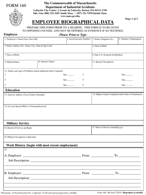 Form 160 Employee Biographical Data - Massachusetts