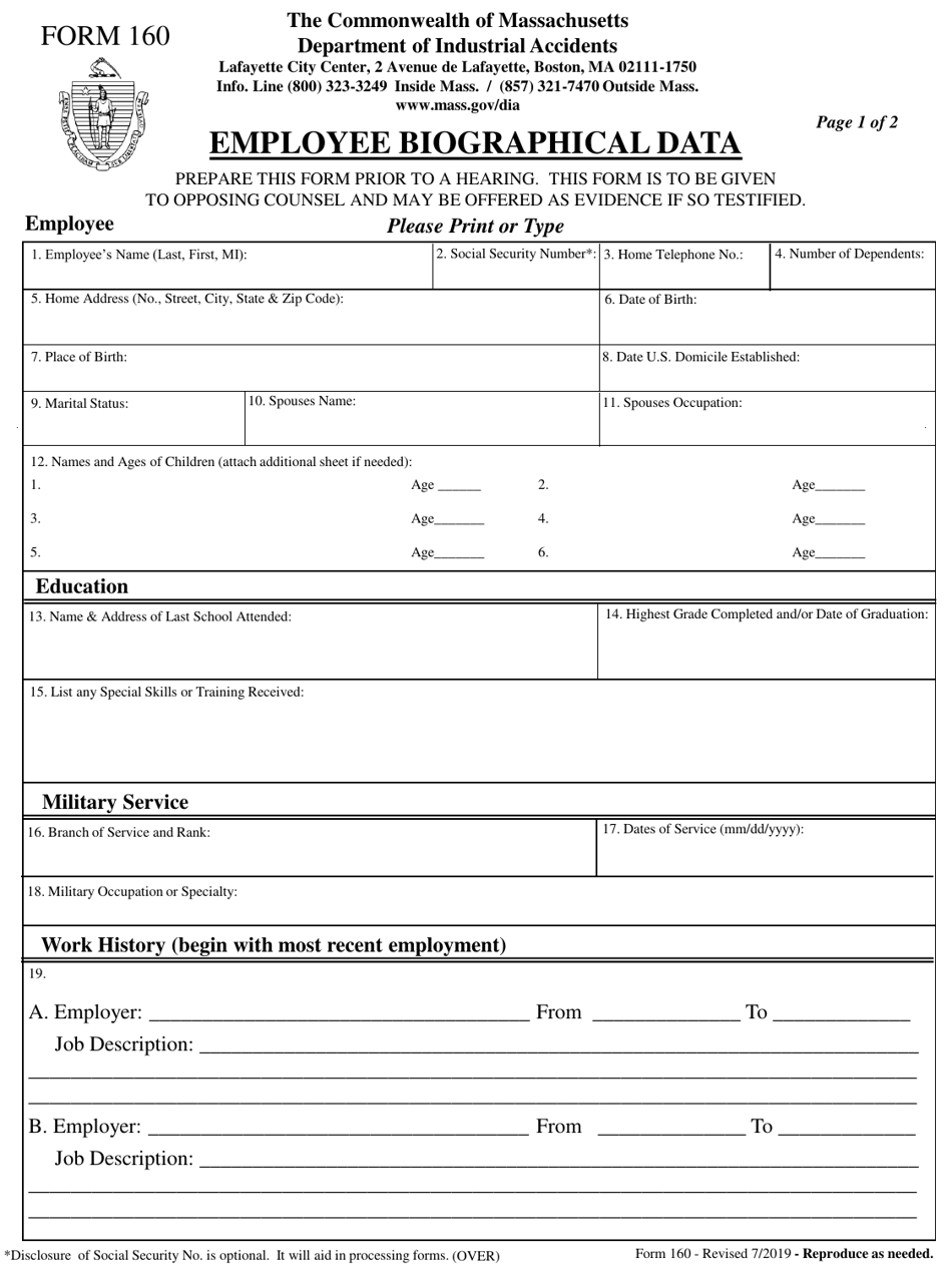 Form 160 Employee Biographical Data - Massachusetts, Page 1