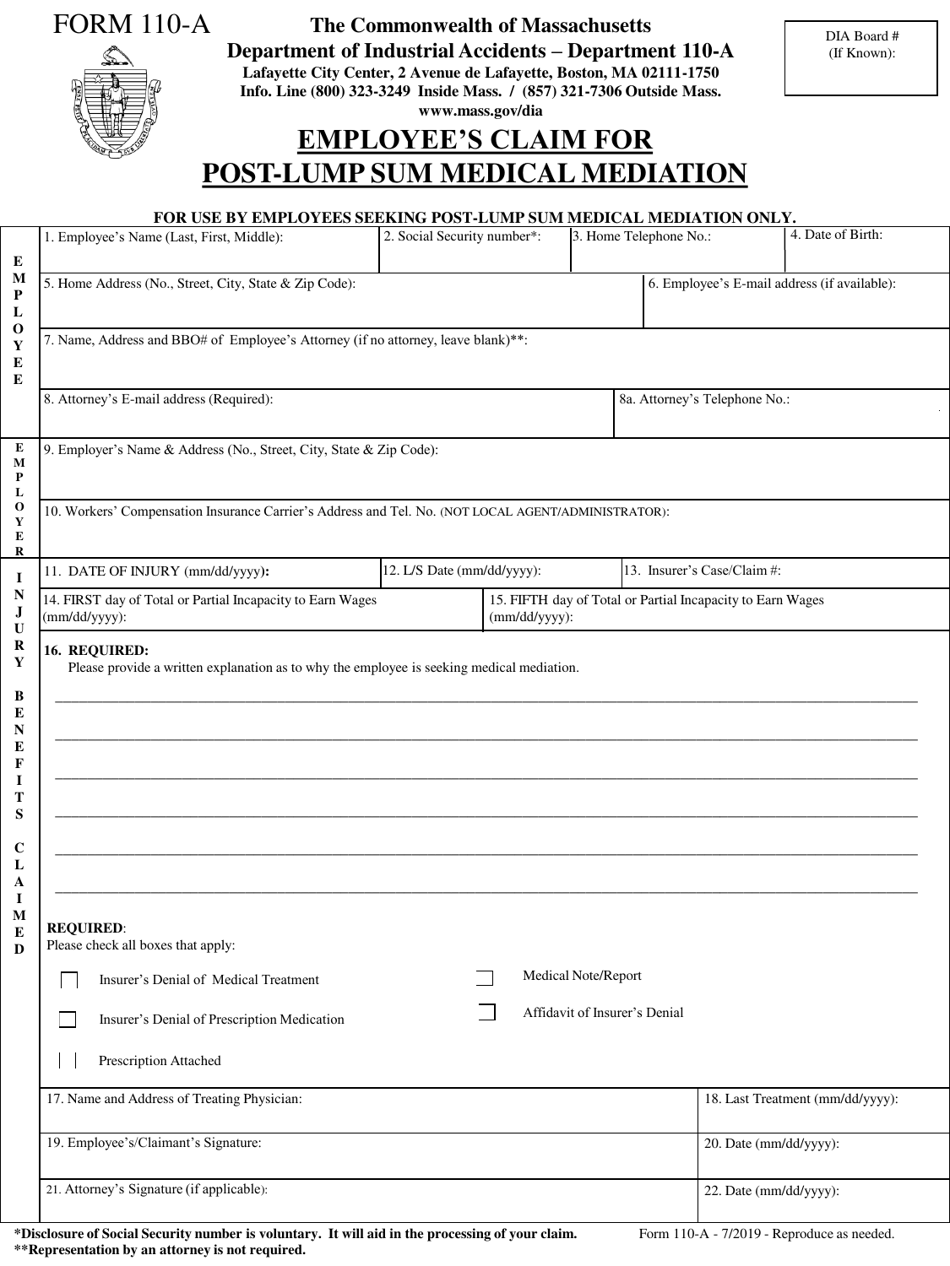 Form 110-A Employees Claim for Post-lump Sum Medical Mediation - Massachusetts, Page 1