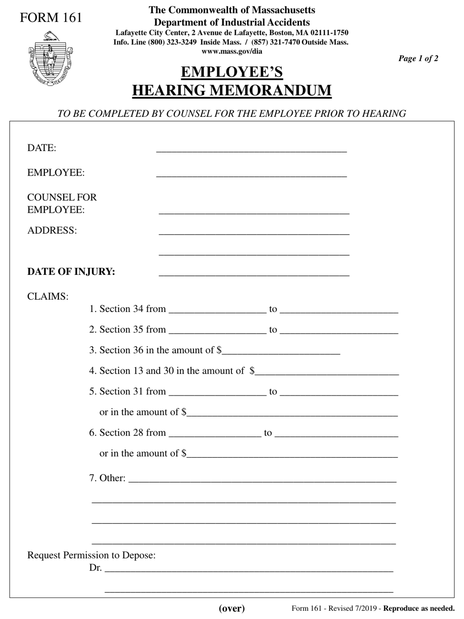 Form 161 Employees Hearing Memorandum - Massachusetts, Page 1