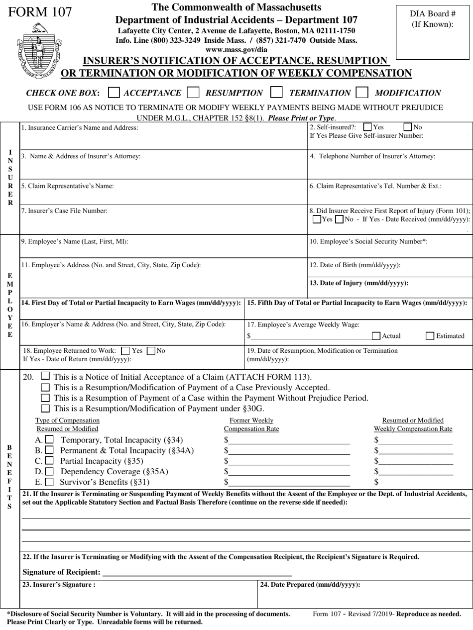 Form 107 Insurers Notification of Acceptance, Resumption, Termination or Modification of Weekly Compensation - Massachusetts, Page 1