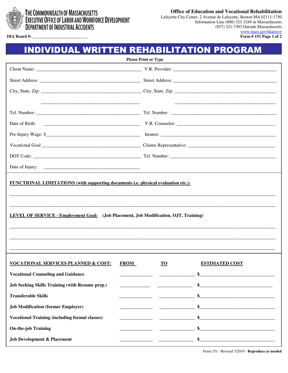Form 151 Individual Written Rehabilitation Program - Massachusetts, Page 1