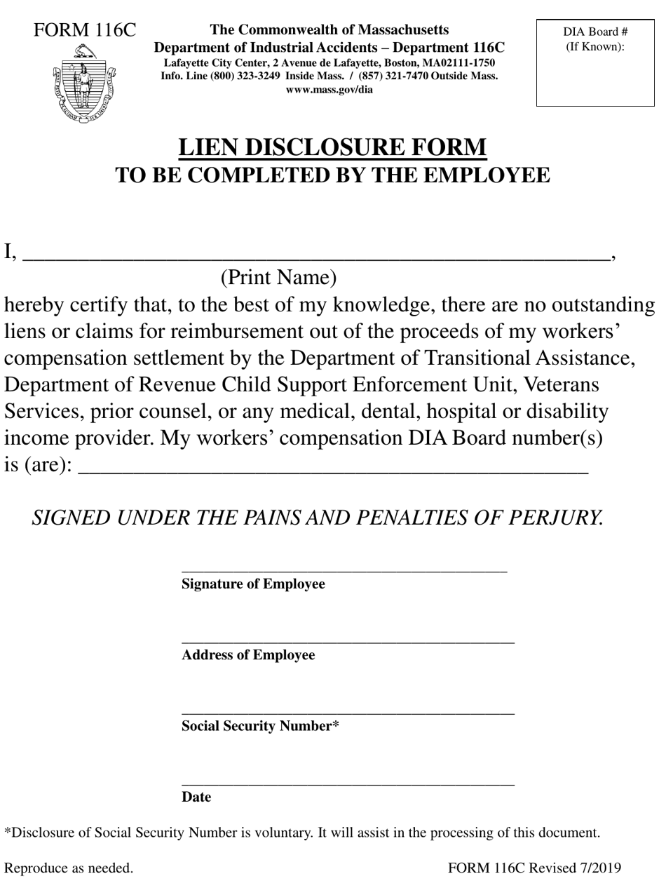 Form 116C Lien Disclosure Form - Massachusetts, Page 1