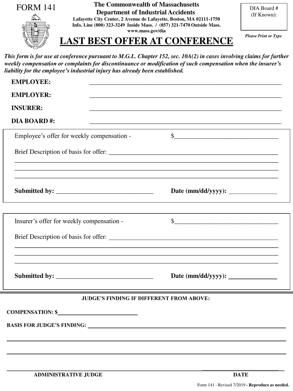 Form 141 Last Best Offer at Conference - Massachusetts, Page 1