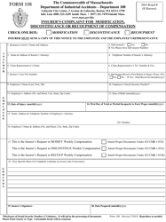 Form 108 Insurer's Complaint for Modification, Discontinuance or Recoupment of Compensation - Massachusetts