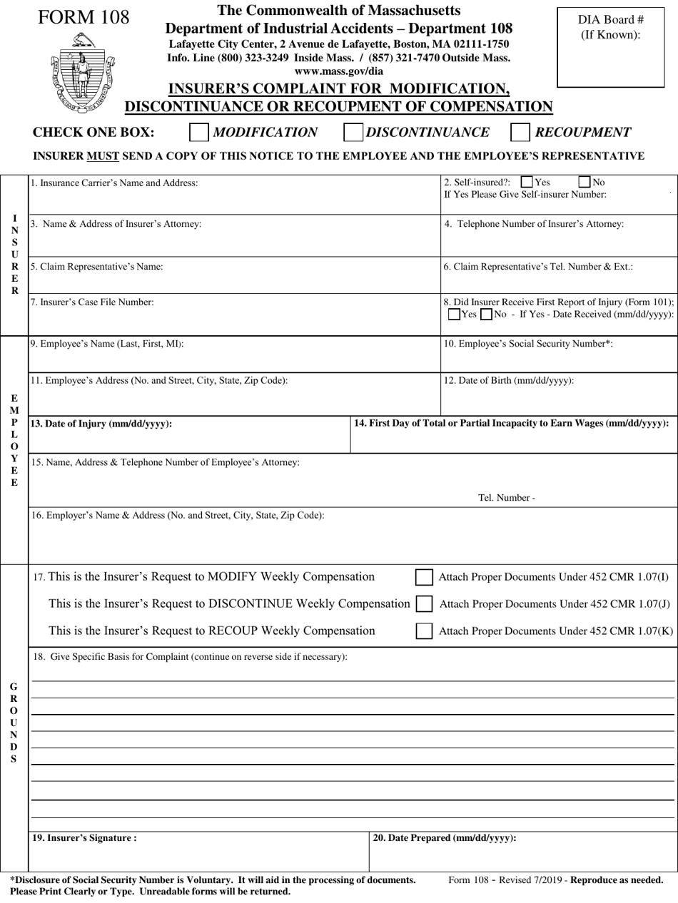 Form 108 Insurers Complaint for Modification, Discontinuance or Recoupment of Compensation - Massachusetts, Page 1