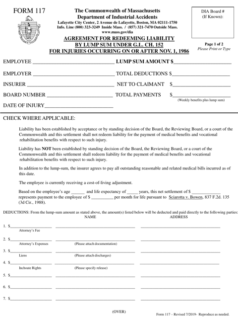 Form 117 Lump Sum Settlement Agreement for Injuries on or After 11/1/1986 - Massachusetts