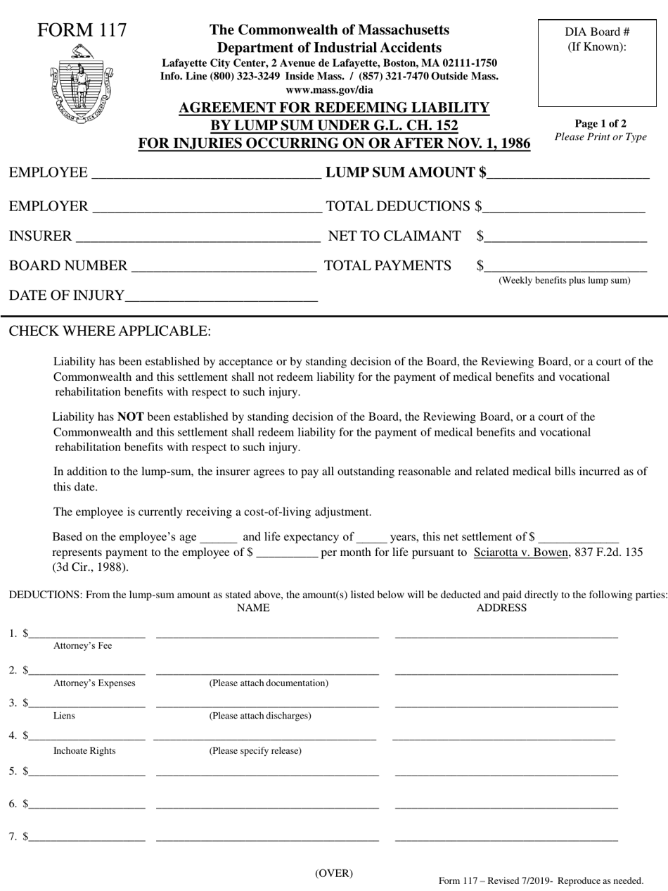 Form 117 Lump Sum Settlement Agreement for Injuries on or After 11 / 1 / 1986 - Massachusetts, Page 1