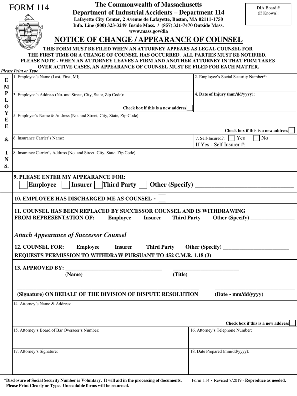 Form 114 Notice of Change / Appearance of Counsel - Massachusetts, Page 1