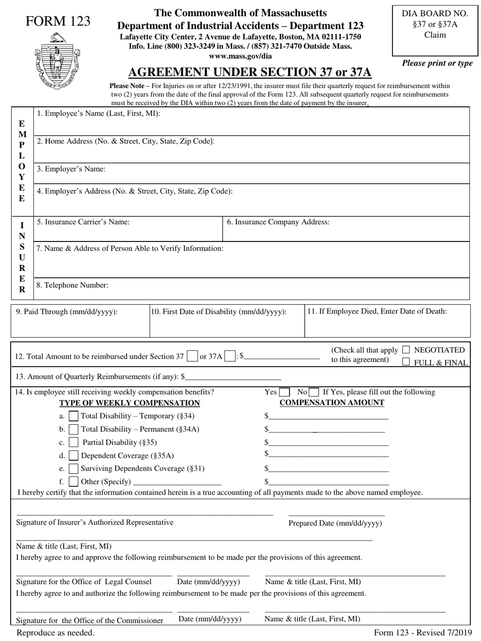 Form 123 Agreement Under Section 37 or 37a - Massachusetts, Page 1