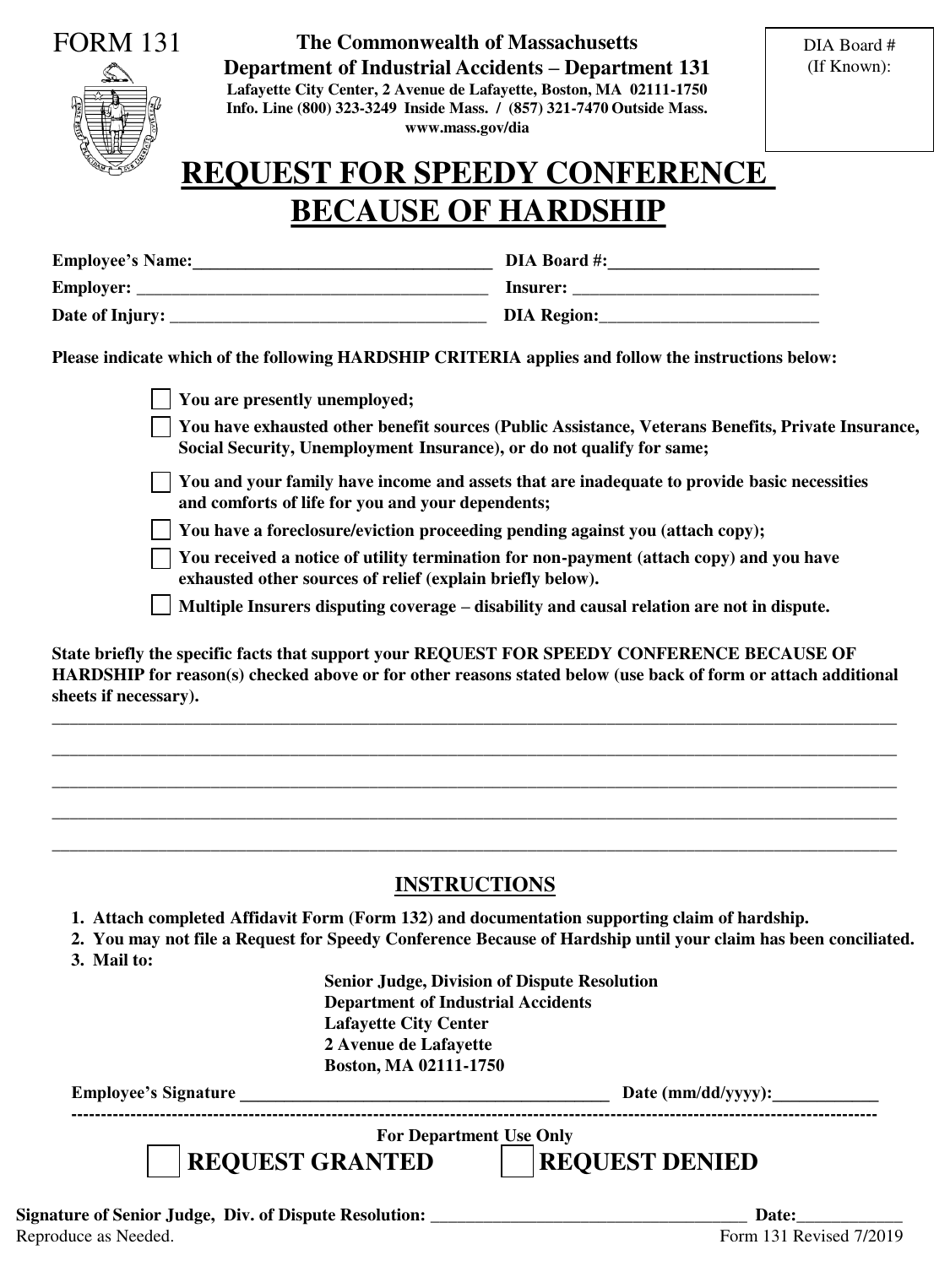 Form 131 Request for Speedy Conference Because of Hardship - Massachusetts, Page 1