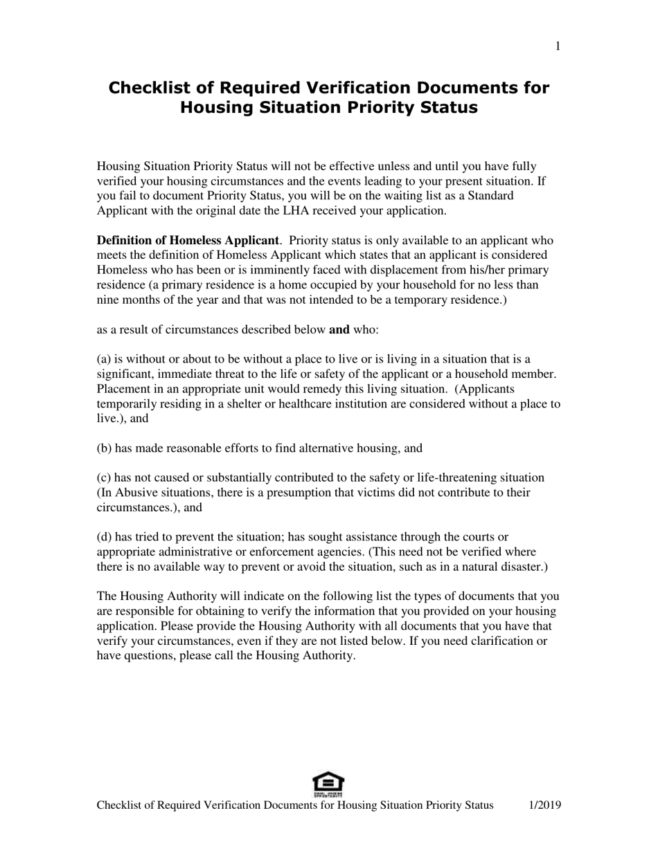 Checklist of Required Verification Documents for Housing Situation Priority Status - Massachusetts, Page 1