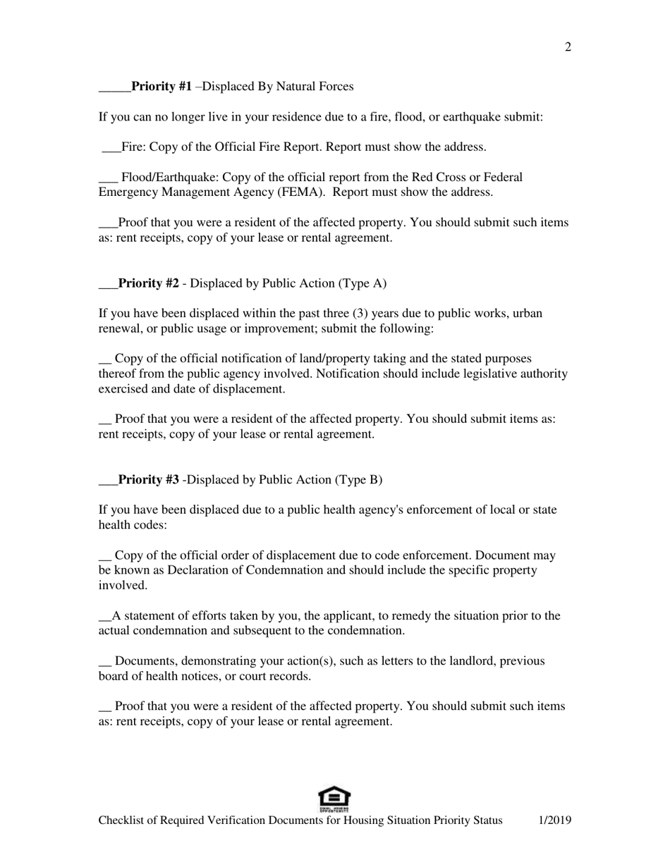 Checklist of Required Verification Documents for Housing Situation Priority Status - Massachusetts, Page 2
