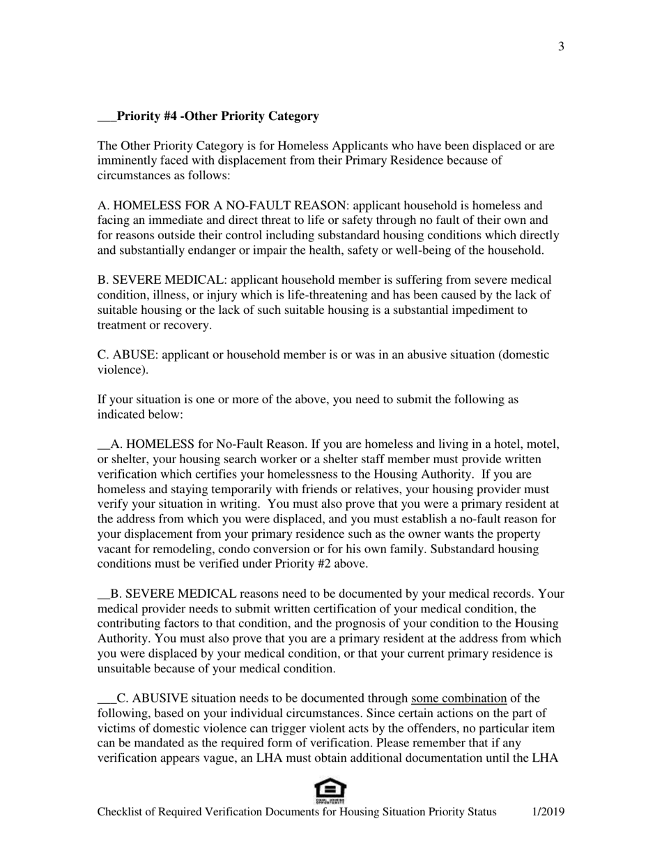 Checklist of Required Verification Documents for Housing Situation Priority Status - Massachusetts, Page 3