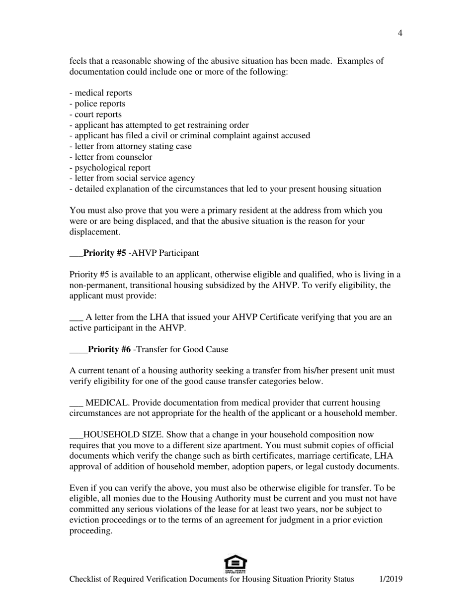 Checklist of Required Verification Documents for Housing Situation Priority Status - Massachusetts, Page 4