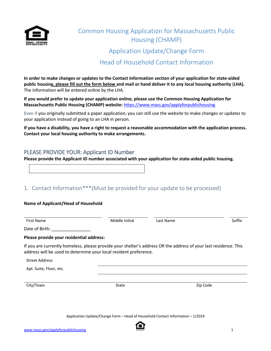 Champ Application Update / Change Form - Head of Household Contact Information - Massachusetts, Page 1