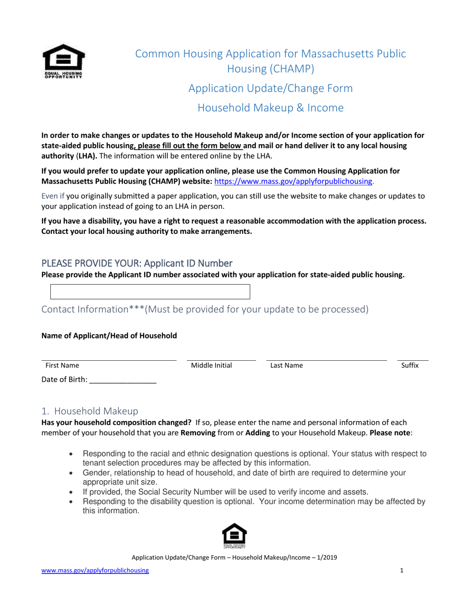 Champ Application Update / Change Form - Household Makeup  Income - Massachusetts, Page 1