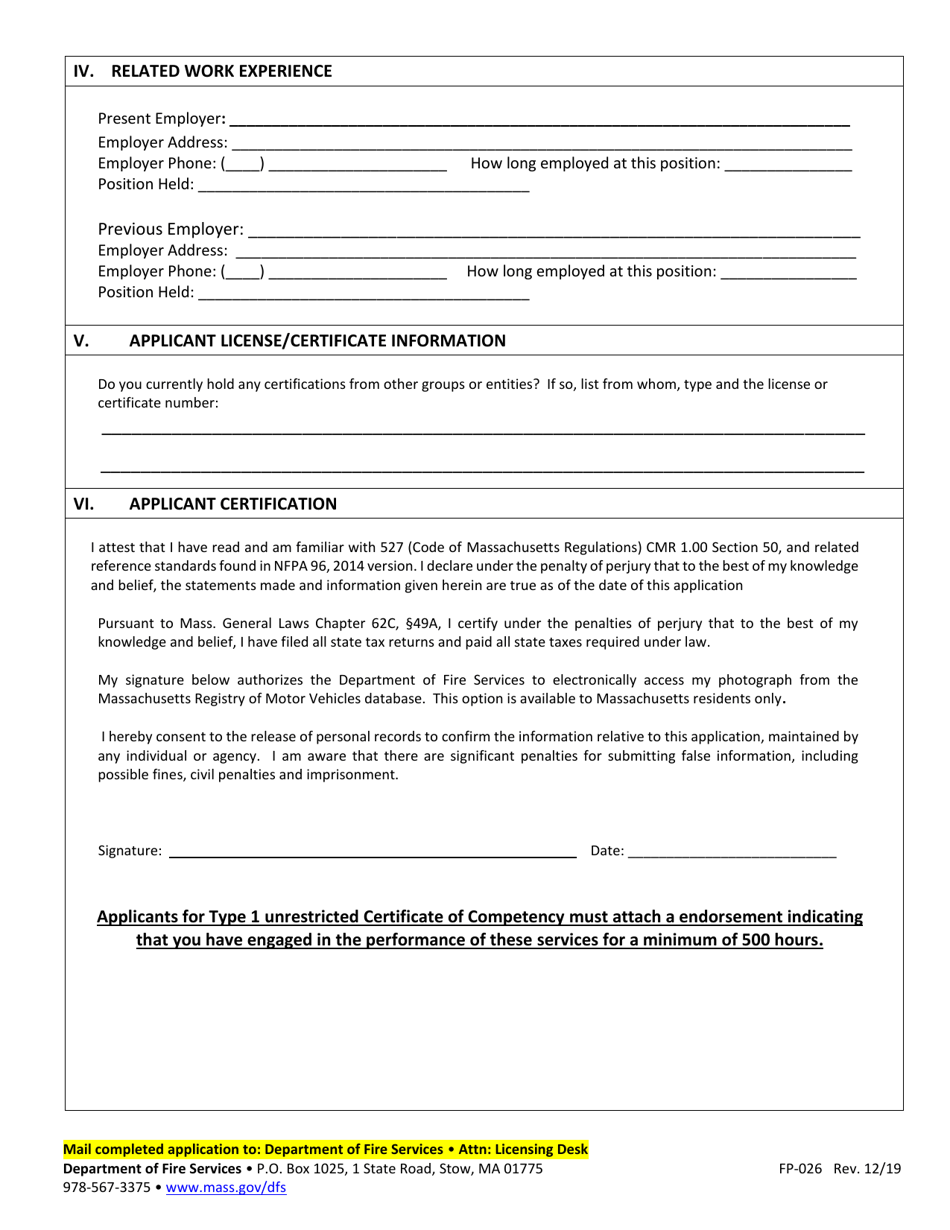 Form FP-026 Application for New Certificate of Competency for Cleaning / Inspecting Commercial Cooking Exhaust Systems - Massachusetts, Page 2