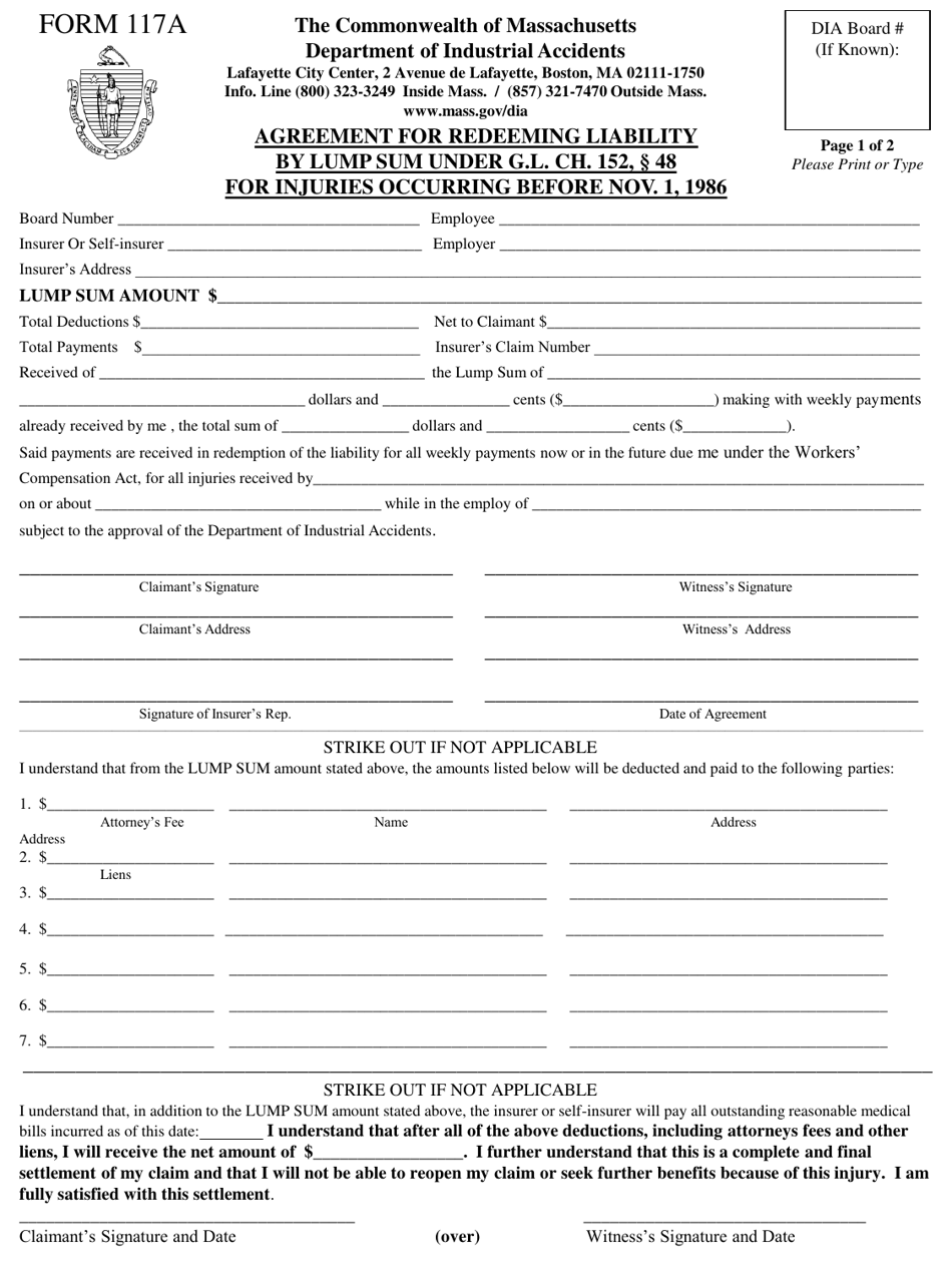 Form 117A Lump Sum Settlement Agreement for Injuries Before 11 / 1 / 1986 - Massachusetts, Page 1