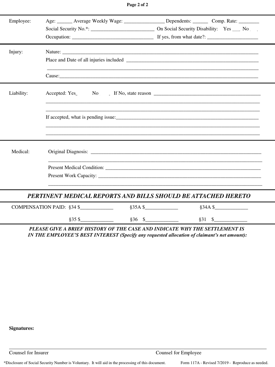 Form 117A Lump Sum Settlement Agreement for Injuries Before 11 / 1 / 1986 - Massachusetts, Page 2