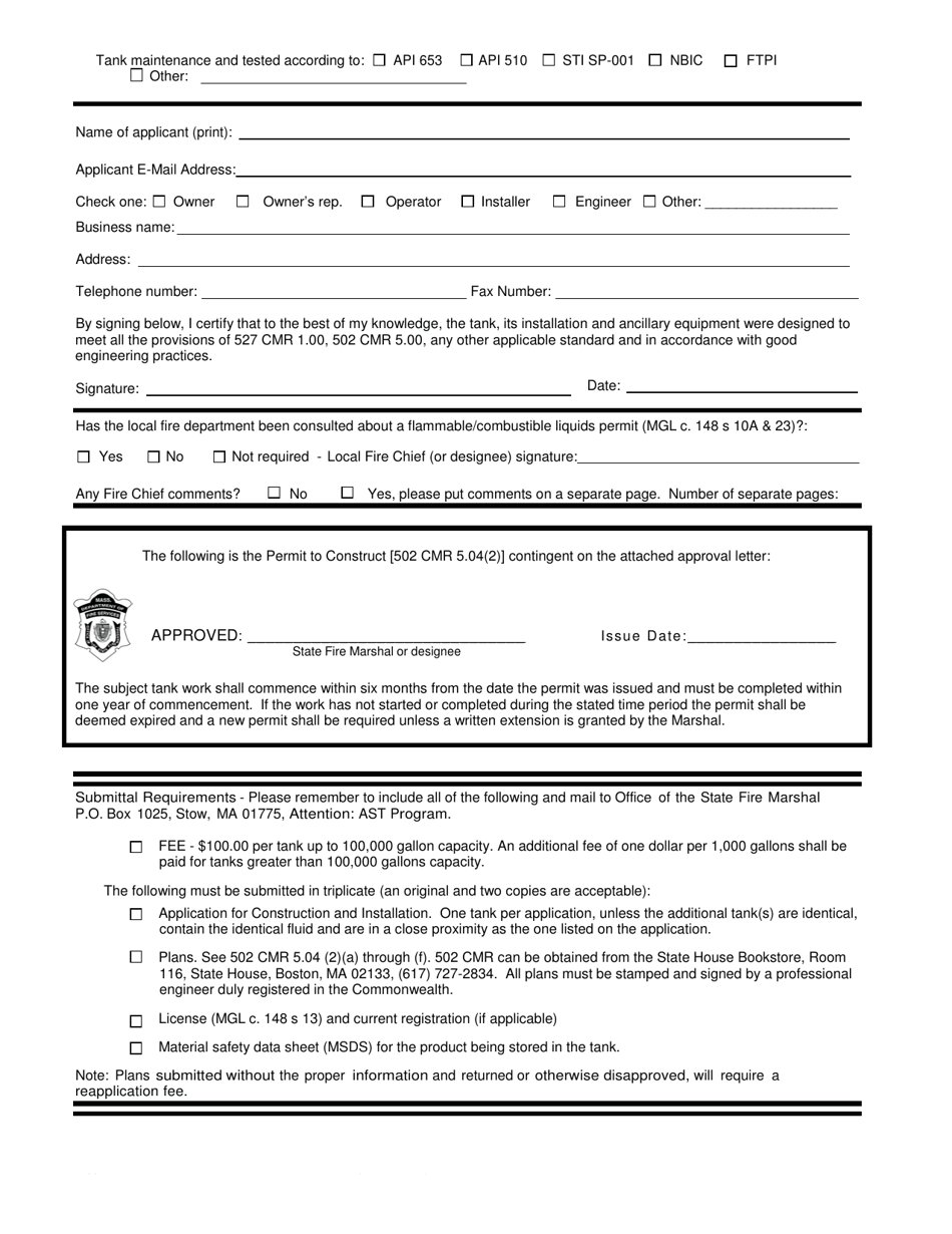 Form FP-101 Application for Construction and Installation - Massachusetts, Page 2