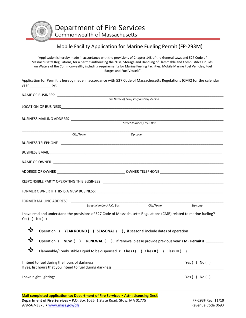 Form FP-293F Mobile Facility Application for Marine Fueling Permit - Massachusetts, Page 1