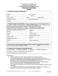 Document preview: Autorizacion Para La Divulgacion De Las Notas De Psicoterapia - Bilateral - Massachusetts (Spanish)