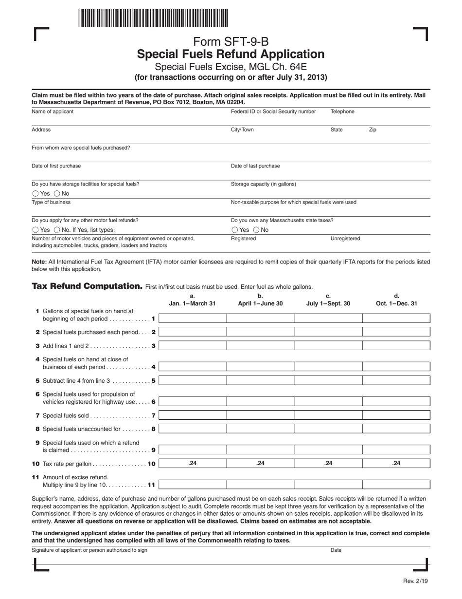 Form SFT-9-B Special Fuels Refund Application - Massachusetts, Page 1