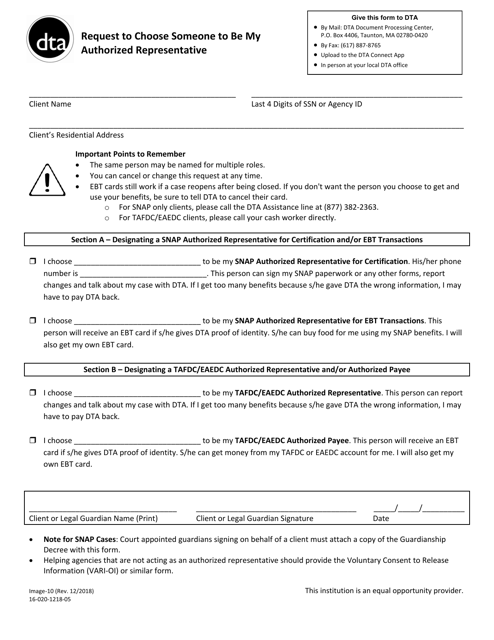 Form Image-10 Request to Choose Someone to Be My Authorized Representative - Massachusetts