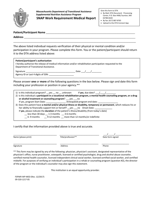 Form FSPWR-WP-MED Snap Work Requirement Medical Report - Massachusetts
